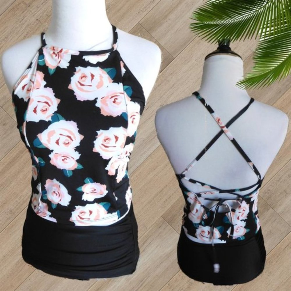 BLACK ROSE PRINT HIGH NECK TWO PIECE SWIMSUIT
